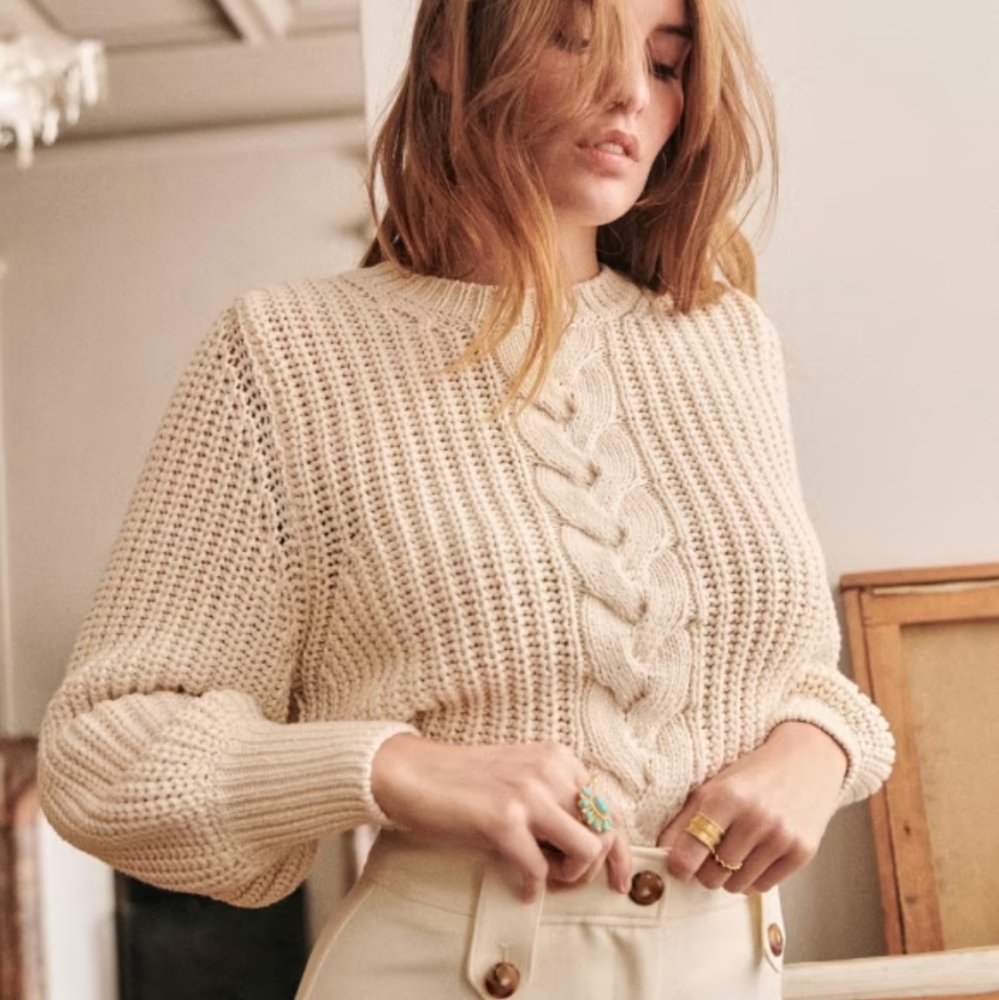 Sezane Beige Cable Knit Crew Neck Sweater